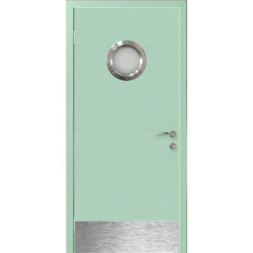 Дверь пластиковая Капель (Kapelli Classic) ментол RAL 6019 с иллюминатором и отбойной пластиной