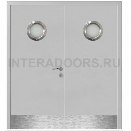 Дверь пластиковая Капель (Kapelli Classic) серый RAL 7035 двустворчатая с двумя иллюминаторами и отбойными пластинами
