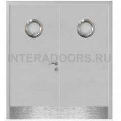 Дверь пластиковая Капель (Kapelli Classic) серый RAL 7035 двустворчатая с двумя иллюминаторами и отбойными пластинами