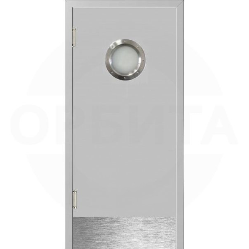Маятниковая дверь пластиковая гладкая Kapelli Classic светло серый RAL 7035 с иллюминатором и отбойной пластиной