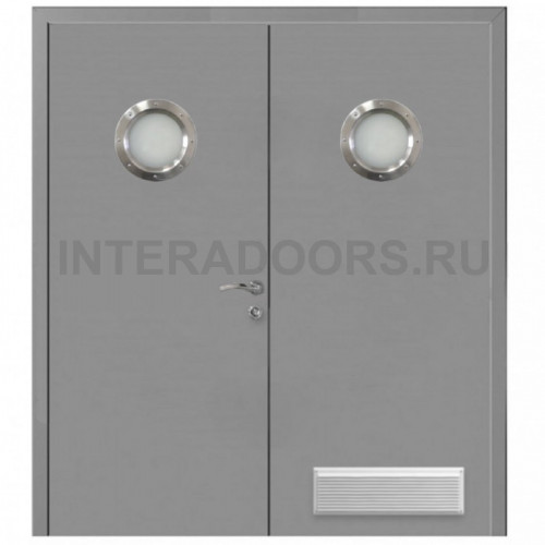 Дверь пластиковая Капель (Kapelli Classic) серый RAL 7046 двустворчатая с двумя иллюминаторами и вентиляционной решеткой