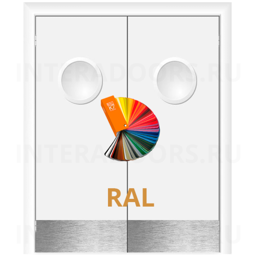 Маятниковая влагостойкая дверь ПВХ Etadoor ДГ окрашенная по RAL двустворчатая с двумя иллюминаторами и отбойными пластинами