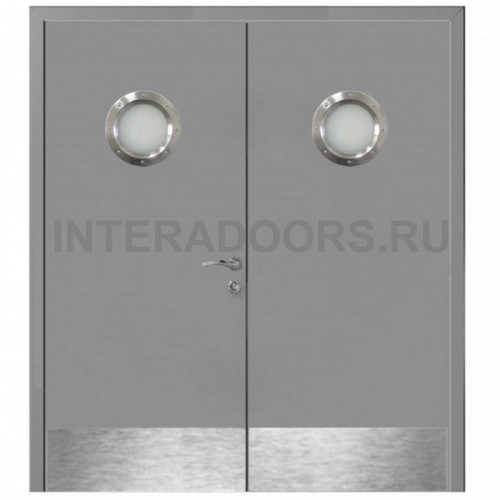Дверь пластиковая Капель (Kapelli Classic) серый RAL 7046 двустворчатая с двумя иллюминаторами и отбойными пластинами