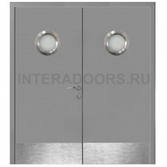 Дверь пластиковая Капель (Kapelli Classic) серый RAL 7046 двустворчатая с двумя иллюминаторами и отбойными пластинами