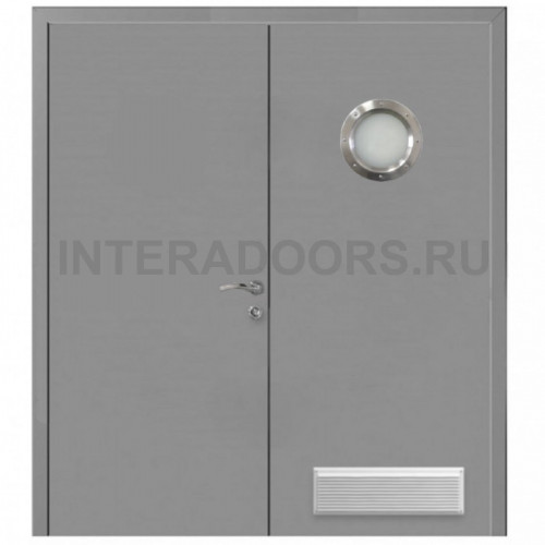 Дверь пластиковая Капель (Kapelli Classic) серый RAL 7046 двустворчатая с иллюминатором и вентиляционной решеткой