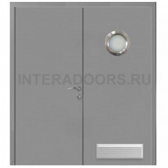 Дверь пластиковая Капель (Kapelli Classic) серый RAL 7046 двустворчатая с иллюминатором и вентиляционной решеткой