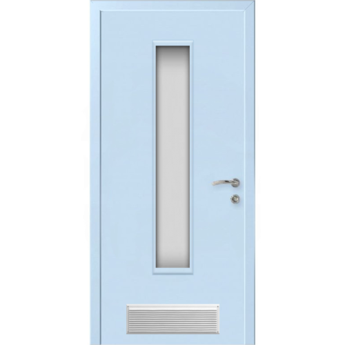 Дверь пластиковая Капель (Kapelli Classic) голубой RAL 5024 ДО стекло 2 с вентиляционной решеткой