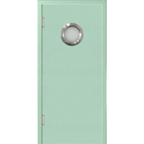 Маятниковая дверь пластиковая гладкая Kapelli Classic ментол RAL 6019 с иллюминатором