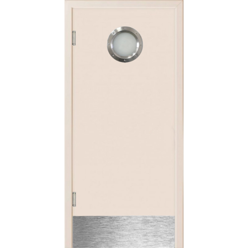 Маятниковая дверь пластиковая гладкая Kapelli Classic кремовый RAL 9001 с иллюминатором и отбойной пластиной