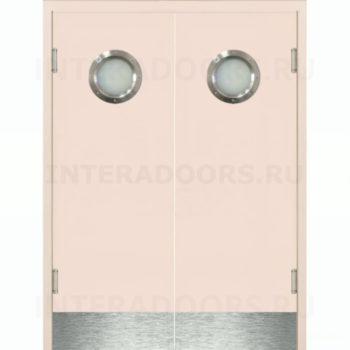 Маятниковая двустворчатая дверь пластиковая гладкая Kapelli Classic кремовый RAL 9001 с двумя иллюминаторами и отбойными пластинами