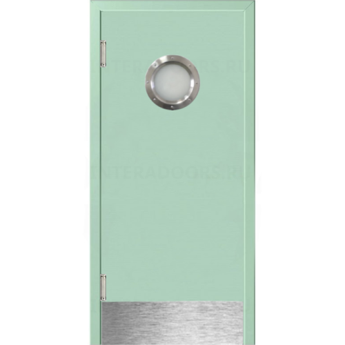 Маятниковая дверь пластиковая гладкая Kapelli Classic ментол RAL 6019 с иллюминатором и отбойной пластиной
