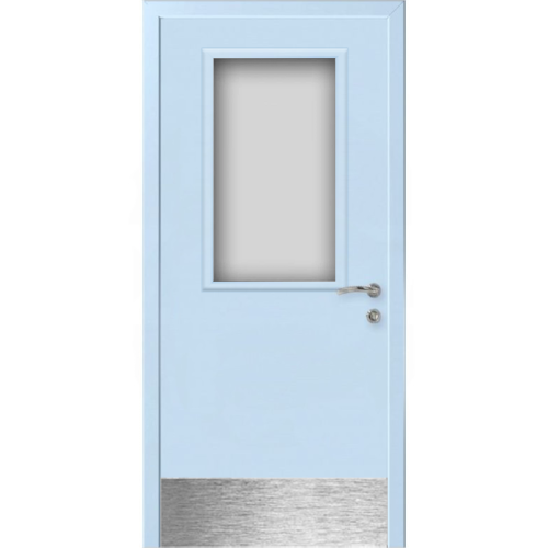 Дверь пластиковая Капель (Kapelli Classic) голубой RAL 5024 ДО стекло 1 с отбойной пластиной
