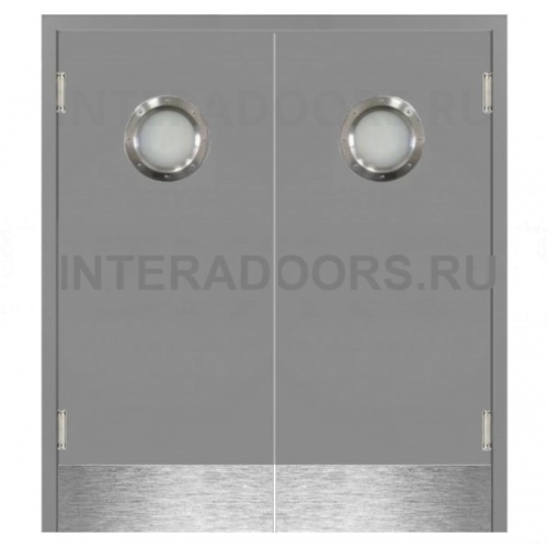 Маятниковая двустворчатая дверь пластиковая гладкая Kapelli Classic темно серый RAL 7046 с двумя иллюминаторами и отбойными пластинами