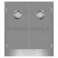 Маятниковая двустворчатая дверь пластиковая гладкая Kapelli Classic темно серый RAL 7046 с двумя иллюминаторами и отбойными пластинами