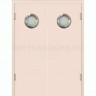 Маятниковая двухстворчатая дверь пластиковая гладкая Kapelli Classic кремовый RAL 9001 с двумя иллюминаторами