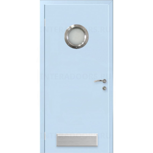 Дверь пластиковая Капель (Kapelli Classic) голубой RAL 5024 с иллюминатором и вентиляционной решеткой