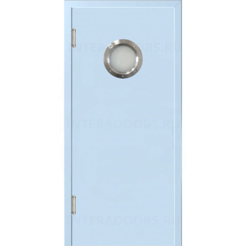 Маятниковая дверь пластиковая гладкая Kapelli Classic голубой RAL 5024 с иллюминатором