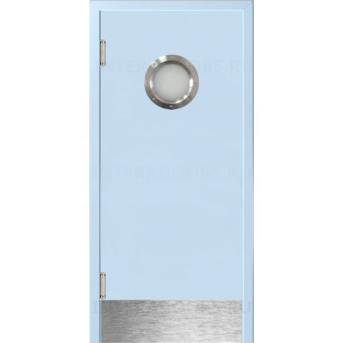 Маятниковая дверь пластиковая гладкая Kapelli Classic голубой RAL 5024 с иллюминатором и отбойной пластиной